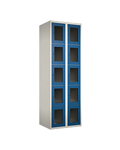 Metalen locker met 10 vakken en plexiglas deuren - H.180 x B.60 cm Wit (RAL9010) Blauw (RAL5010)