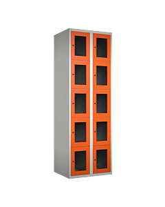 Metalen locker met 10 vakken en plexiglas deuren - H.180 x B.60 cm Lichtgrijs (RAL7035) Oranje (RAL2004)