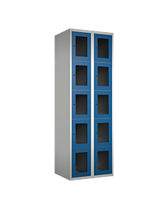 Metalen locker met 10 vakken en plexiglas deuren - H.180 x B.60 cm Lichtgrijs (RAL7035) Blauw (RAL5010)