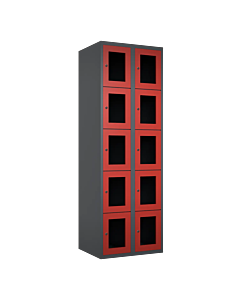 Metalen locker met 10 vakken en plexiglas deuren - H.180 x B.60 cm Antraciet (RAL7024) Rood (RAL3000)