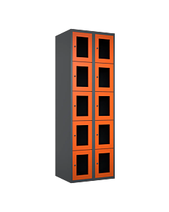 Metalen locker met 10 vakken en plexiglas deuren - H.180 x B.60 cm Antraciet (RAL7024) Oranje (RAL2004)