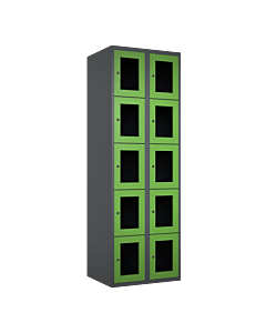 Metalen locker met 10 vakken en plexiglas deuren - H.180 x B.60 cm Antraciet (RAL7024) Groen (RAL6018)
