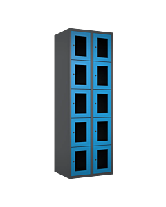 Metalen locker met 10 vakken en plexiglas deuren - H.180 x B.60 cm Antraciet (RAL7024) Lichtblauw (RAL5015)