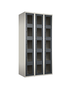 Metalen locker met 15 vakken en plexiglas deuren - H.180 x B.90 cm Wit (RAL9010) Antraciet (RAL7024)