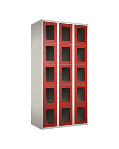 Metalen locker met 15 vakken en plexiglas deuren - H.180 x B.90 cm Wit (RAL9010) Rood (RAL3000)