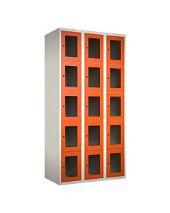 Metalen locker met 15 vakken en plexiglas deuren - H.180 x B.90 cm Wit (RAL9010) Oranje (RAL2004)