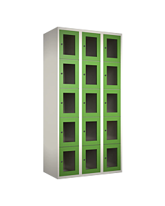 Metalen locker met 15 vakken en plexiglas deuren - H.180 x B.90 cm Wit (RAL9010) Groen (RAL6018)