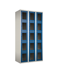 Metalen locker met 15 vakken en plexiglas deuren - H.180 x B.90 cm Wit (RAL9010) Blauw (RAL5010)