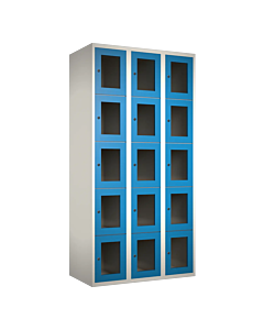 Metalen locker met 15 vakken en plexiglas deuren - H.180 x B.90 cm Wit (RAL9010) Lichtblauw (RAL5015)