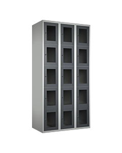 Metalen locker met 15 vakken en plexiglas deuren - H.180 x B.90 cm Lichtgrijs (RAL7035) Antraciet (RAL7024)