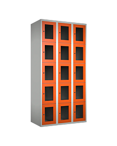 Metalen locker met 15 vakken en plexiglas deuren - H.180 x B.90 cm Lichtgrijs (RAL7035) Oranje (RAL2004)