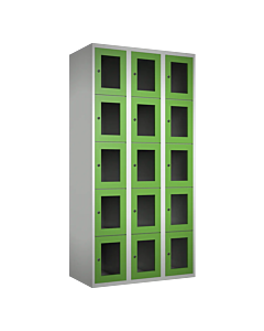 Metalen locker met 15 vakken en plexiglas deuren - H.180 x B.90 cm Lichtgrijs (RAL7035) Groen (RAL6018)