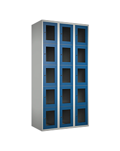 Metalen locker met 15 vakken en plexiglas deuren - H.180 x B.90 cm Lichtgrijs (RAL7035) Blauw (RAL5010)