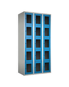 Metalen locker met 15 vakken en plexiglas deuren - H.180 x B.90 cm Lichtgrijs (RAL7035) Lichtblauw (RAL5015)