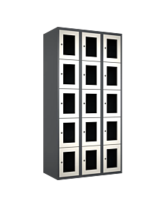 Metalen locker met 15 vakken en plexiglas deuren - H.180 x B.90 cm Antraciet (RAL7024) Wit (RAL9010)