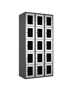 Metalen locker met 15 vakken en plexiglas deuren - H.180 x B.90 cm Antraciet (RAL7024) Lichtgrijs (RAL7035)