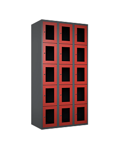 Metalen locker met 15 vakken en plexiglas deuren - H.180 x B.90 cm Antraciet (RAL7024) Rood (RAL3000)