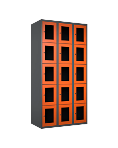 Metalen locker met 15 vakken en plexiglas deuren - H.180 x B.90 cm Antraciet (RAL7024) Oranje (RAL2004)