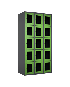 Metalen locker met 15 vakken en plexiglas deuren - H.180 x B.90 cm Antraciet (RAL7024) Groen (RAL6018)