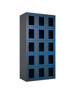 Metalen locker met 15 vakken en plexiglas deuren - H.180 x B.90 cm Antraciet (RAL7024) Blauw (RAL5010)