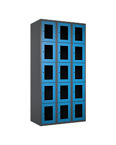 Metalen locker met 15 vakken en plexiglas deuren - H.180 x B.90 cm Antraciet (RAL7024) Lichtblauw (RAL5015)