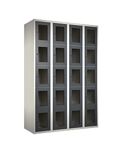 Metalen locker met 20 vakken en plexiglas deuren - H.180 x B.120 cm Wit (RAL9010) Antraciet (RAL7024)