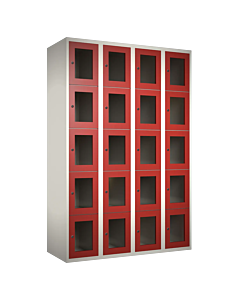 Metalen locker met 20 vakken en plexiglas deuren - H.180 x B.120 cm Wit (RAL9010) Rood (RAL3000)