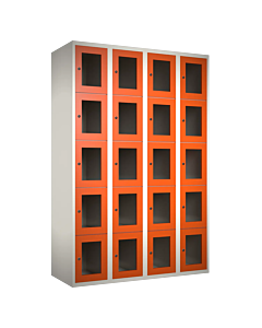 Metalen locker met 20 vakken en plexiglas deuren - H.180 x B.120 cm Wit (RAL9010) Oranje (RAL2004)