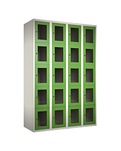Metalen locker met 20 vakken en plexiglas deuren - H.180 x B.120 cm Wit (RAL9010) Groen (RAL6018)