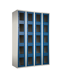 Metalen locker met 20 vakken en plexiglas deuren - H.180 x B.120 cm Wit (RAL9010) Blauw (RAL5010)
