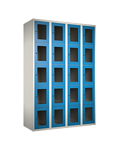 Metalen locker met 20 vakken en plexiglas deuren - H.180 x B.120 cm Wit (RAL9010) Lichtblauw (RAL5015)