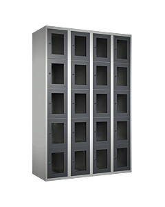 Metalen locker met 20 vakken en plexiglas deuren - H.180 x B.120 cm Lichtgrijs (RAL7035) Antraciet (RAL7024)