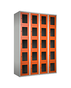 Metalen locker met 20 vakken en plexiglas deuren - H.180 x B.120 cm Lichtgrijs (RAL7035) Oranje (RAL2004)