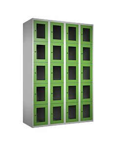 Metalen locker met 20 vakken en plexiglas deuren - H.180 x B.120 cm Lichtgrijs (RAL7035) Groen (RAL6018)