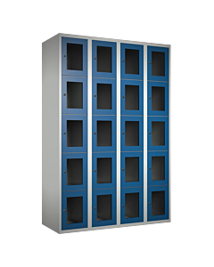 Metalen locker met 20 vakken en plexiglas deuren - H.180 x B.120 cm Lichtgrijs (RAL7035) Blauw (RAL5010)