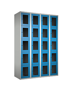 Metalen locker met 20 vakken en plexiglas deuren - H.180 x B.120 cm Lichtgrijs (RAL7035) Lichtblauw (RAL5015)