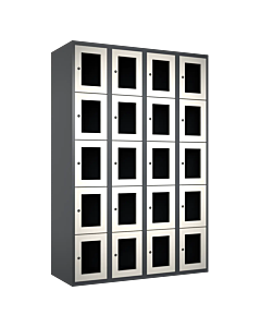 Metalen locker met 20 vakken en plexiglas deuren - H.180 x B.120 cm Antraciet (RAL7024) Wit (RAL9010)