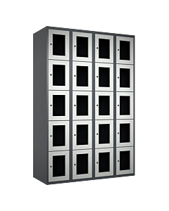 Metalen locker met 20 vakken en plexiglas deuren - H.180 x B.120 cm Antraciet (RAL7024) Lichtgrijs (RAL7035)