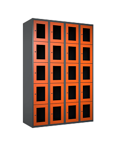Metalen locker met 20 vakken en plexiglas deuren - H.180 x B.120 cm Antraciet (RAL7024) Oranje (RAL2004)