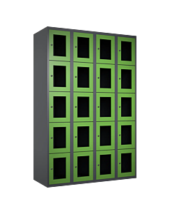 Metalen locker met 20 vakken en plexiglas deuren - H.180 x B.120 cm Antraciet (RAL7024) Groen (RAL6018)