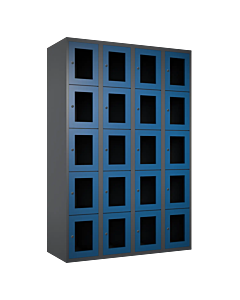 Metalen locker met 20 vakken en plexiglas deuren - H.180 x B.120 cm Antraciet (RAL7024) Blauw (RAL5010)