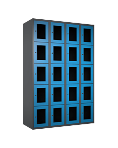 Metalen locker met 20 vakken en plexiglas deuren - H.180 x B.120 cm Antraciet (RAL7024) Lichtblauw (RAL5015)