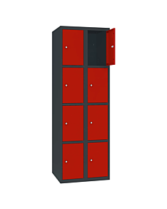 Metalen locker met 8 vakken - H.180 x B.60 cm Antracietgrijs (RAL7016) Verkeersrood (RAL3020)