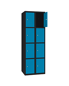 Metalen locker met 8 vakken - H.180 x B.60 cm Gitzwart (RAL9005) Lichtblauw (RAL5012)