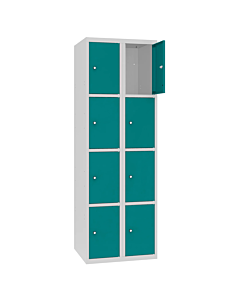 Metalen locker met 8 vakken - H.180 x B.60 cm Lichtgrijs (RAL7035) Turkooisblauw (RAL5018)