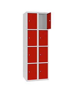 Metalen locker met 8 vakken - H.180 x B.60 cm Lichtgrijs (RAL7035) Verkeersrood (RAL3020)