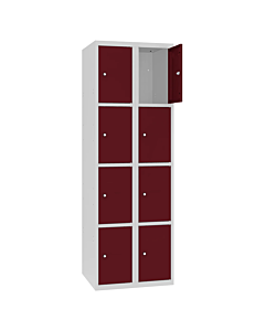 Metalen locker met 8 vakken - H.180 x B.60 cm Lichtgrijs (RAL7035) Wijnrood (RAL3005)