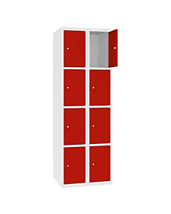 Metalen locker met 8 vakken - H.180 x B.60 cm Zuiver wit (RAL9010) Verkeersrood (RAL3020)