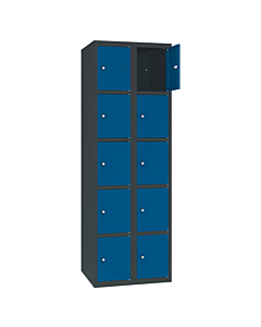 Metalen locker met 10 vakken - H.180 x B.60 cm Antracietgrijs (RAL7016) Gentiaanblauw (RAL5010)