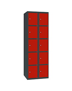Metalen locker met 10 vakken - H.180 x B.60 cm Antracietgrijs (RAL7016) Verkeersrood (RAL3020)